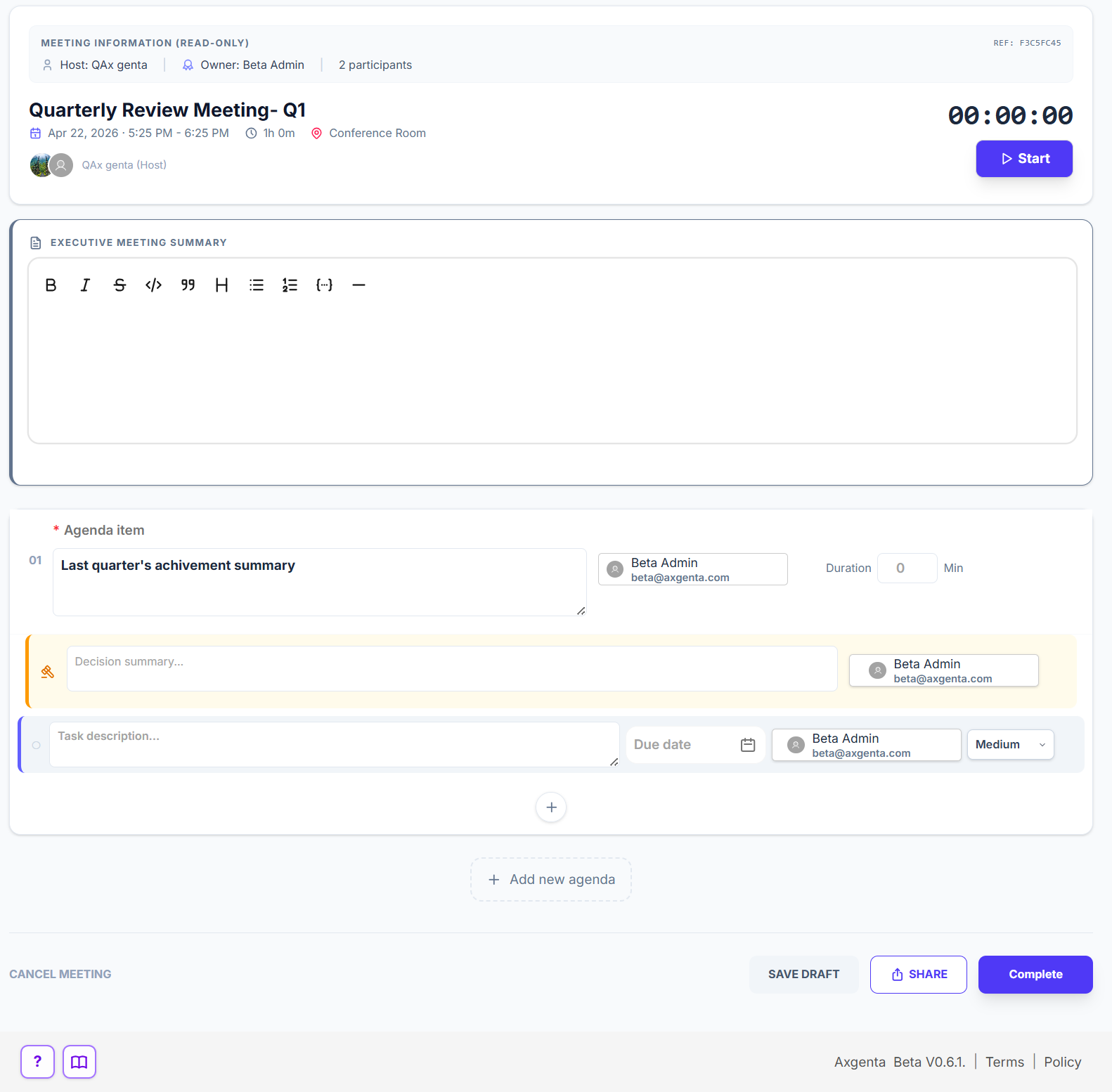 Live meeting view with agenda, executive summary, decisions, and action tasks