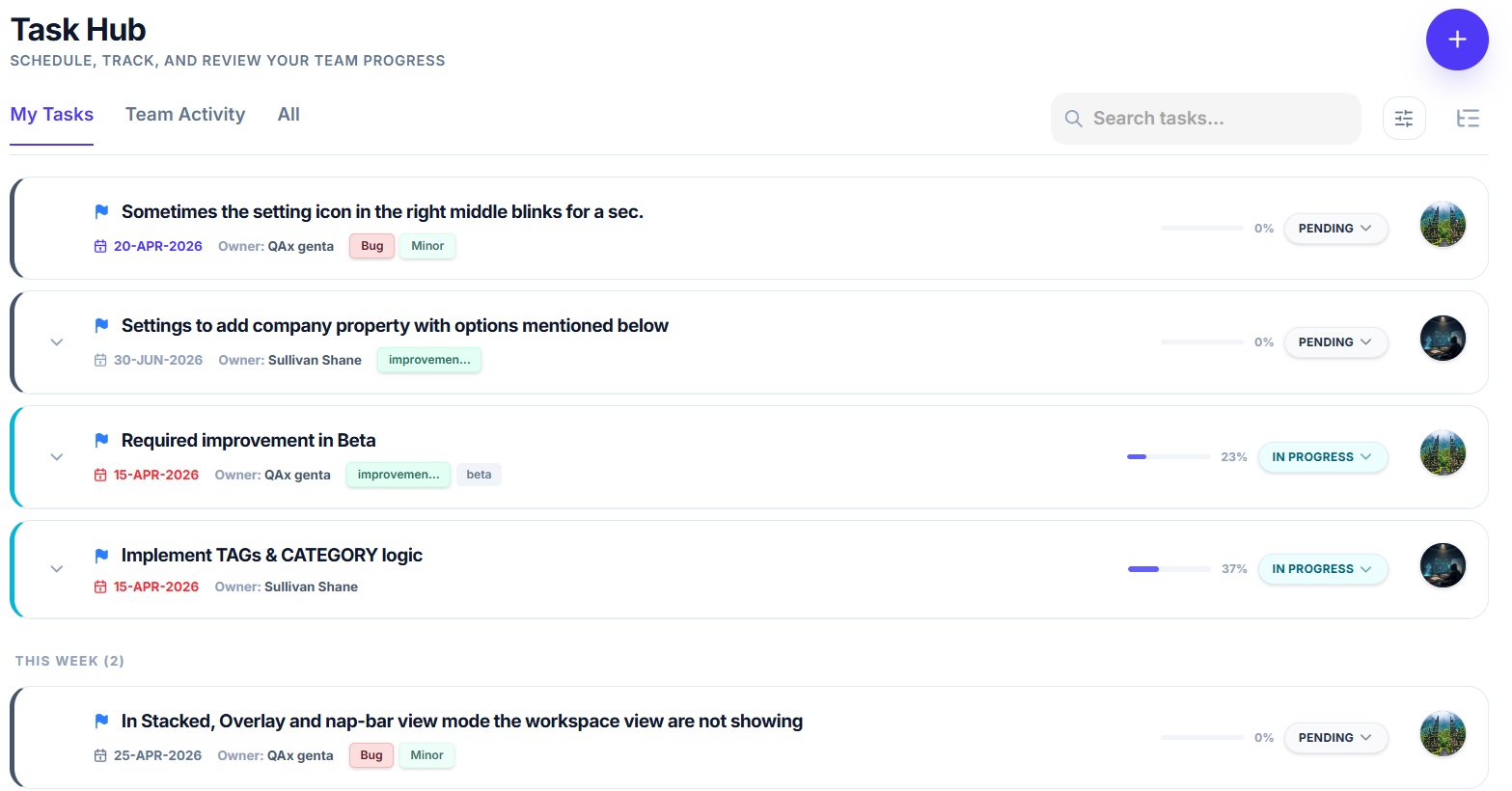 Task Hub with My Tasks, filters, due dates, tags, and status