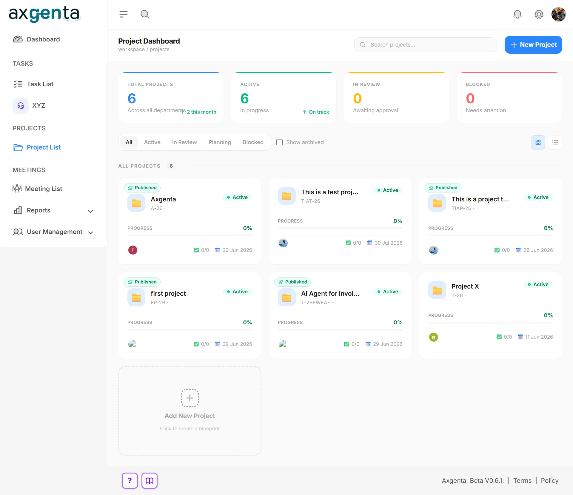Axgenta project dashboard showing all projects with status, progress and deadlines