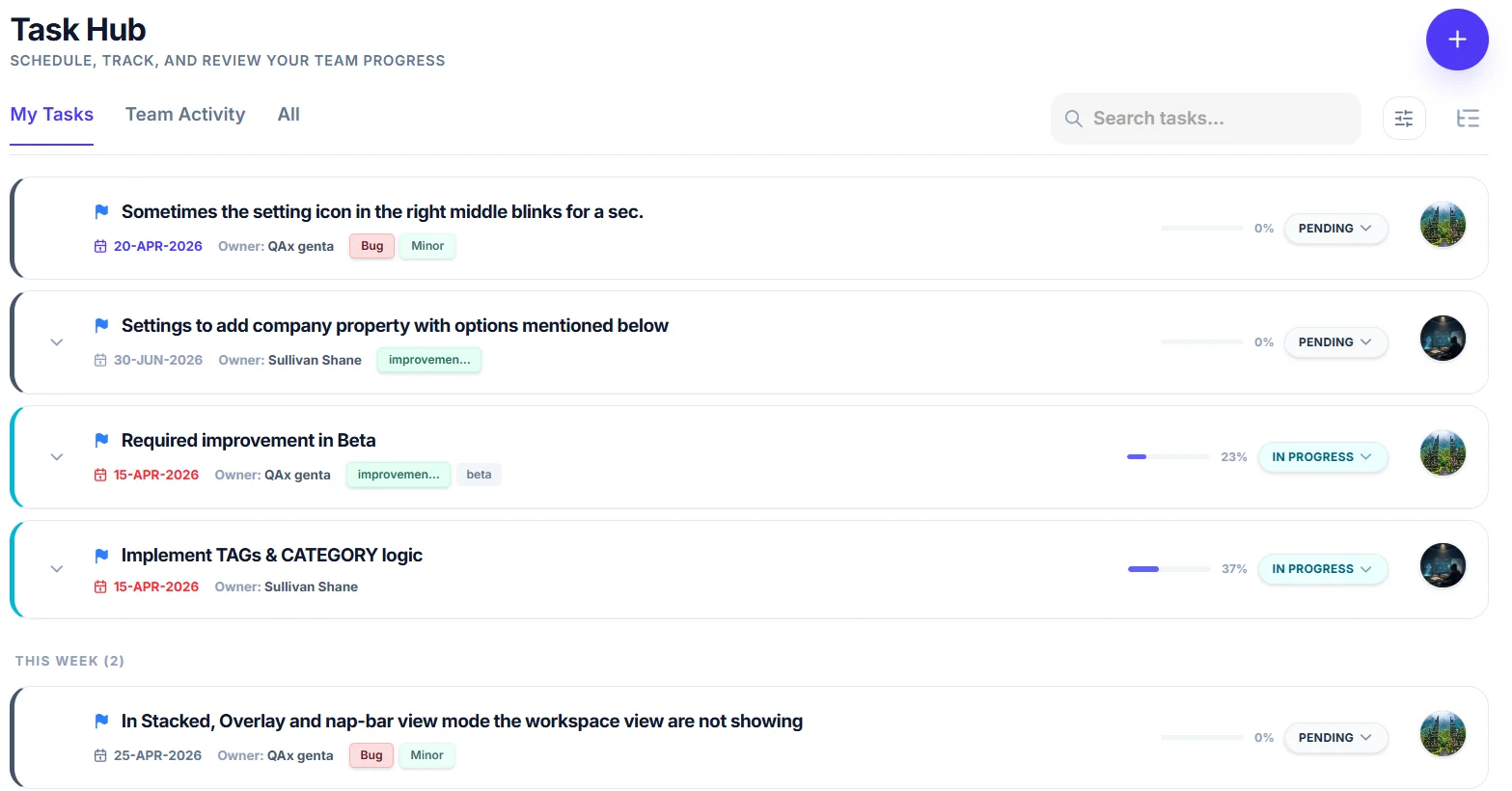 Axgenta Task Hub with owned tasks, progress bars, priorities and statuses